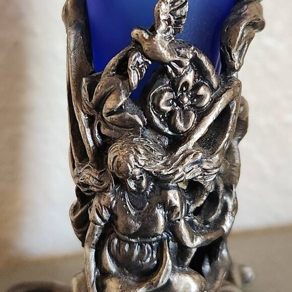 Victorian fluted vintage blue trumpet glass vase silver angel fairy base - Picture 2 of 7